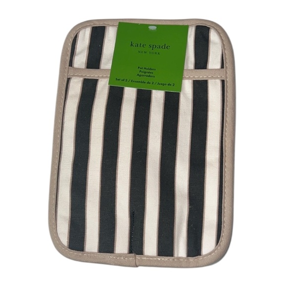 Kate Spade New York Botanical Striped Pot Holders Set of 2, 7” x 10” Black/Beige - Picture 6 of 7